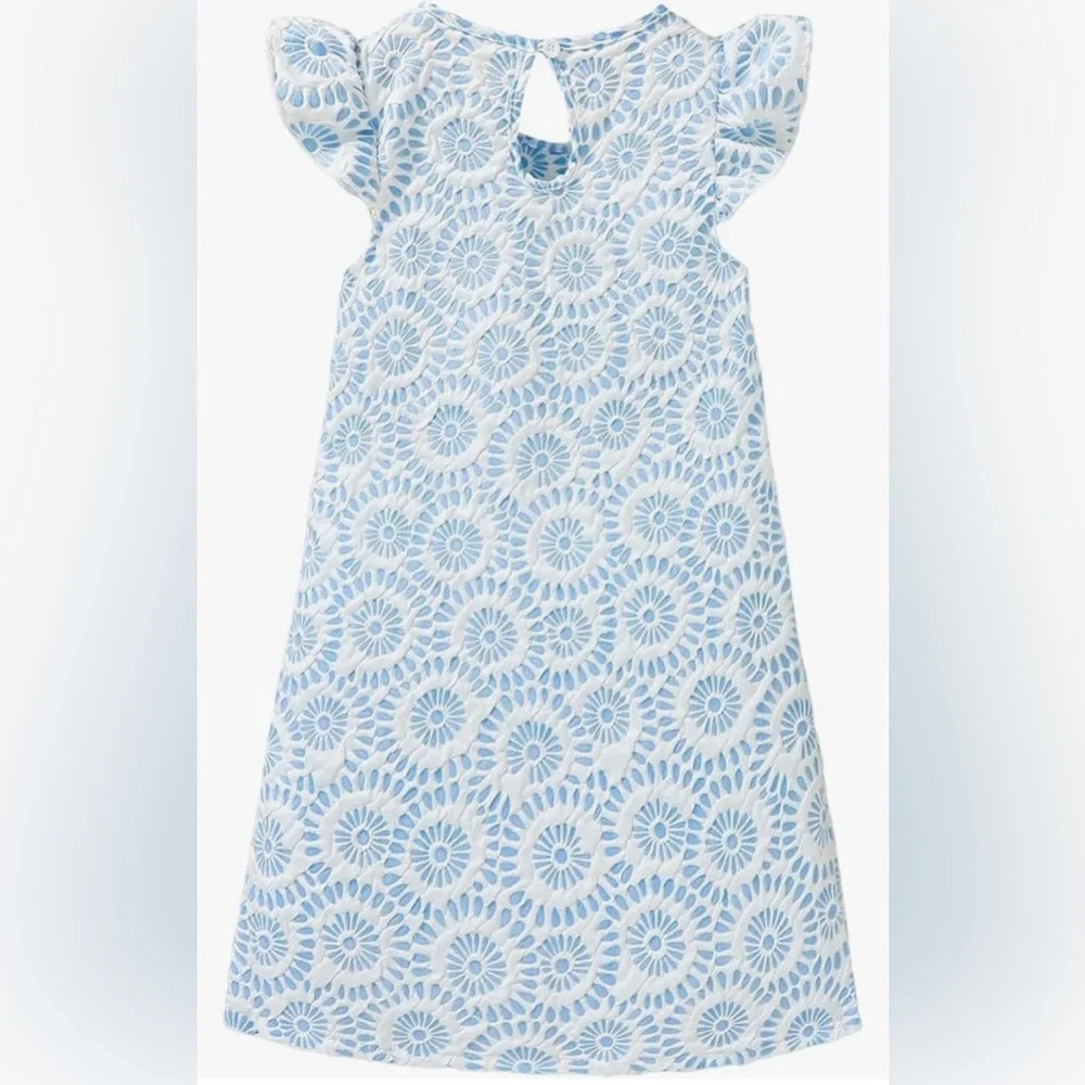 Girls 👧🏻 🆕 Blue Dress with Swirl Pattern and Ruffled Neckline